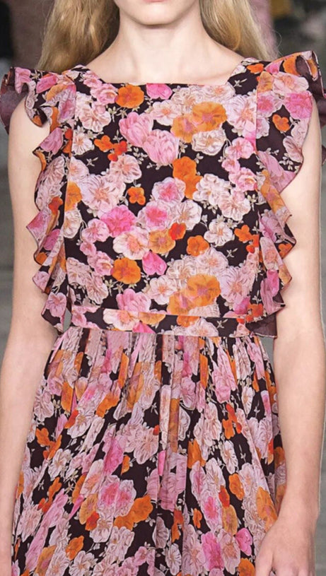 FLORAL PRINT RUFFLED MAXI DRESS WITH SLEEVELESS DESIGN