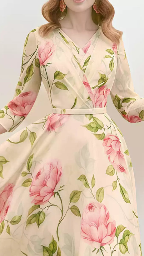 FLORAL PRINT WRAP V - NECK CHIFFON MAXI DRESS