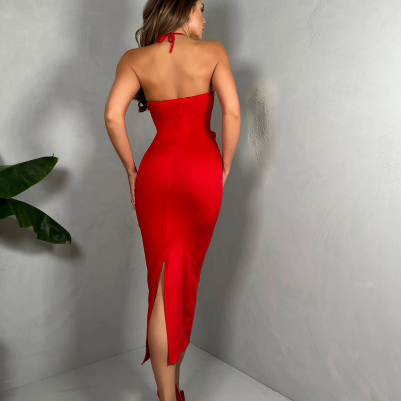 FLOWER HALTER CUT OUT DRESS IN RED