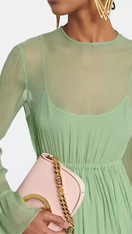 ELEGANT GREEN MAXI DRESS WITH SHEER LONG SLEEVES