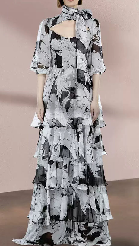 ELEGANT FLORAL TIERED MAXI DRESS WITH BOW NECKLINE