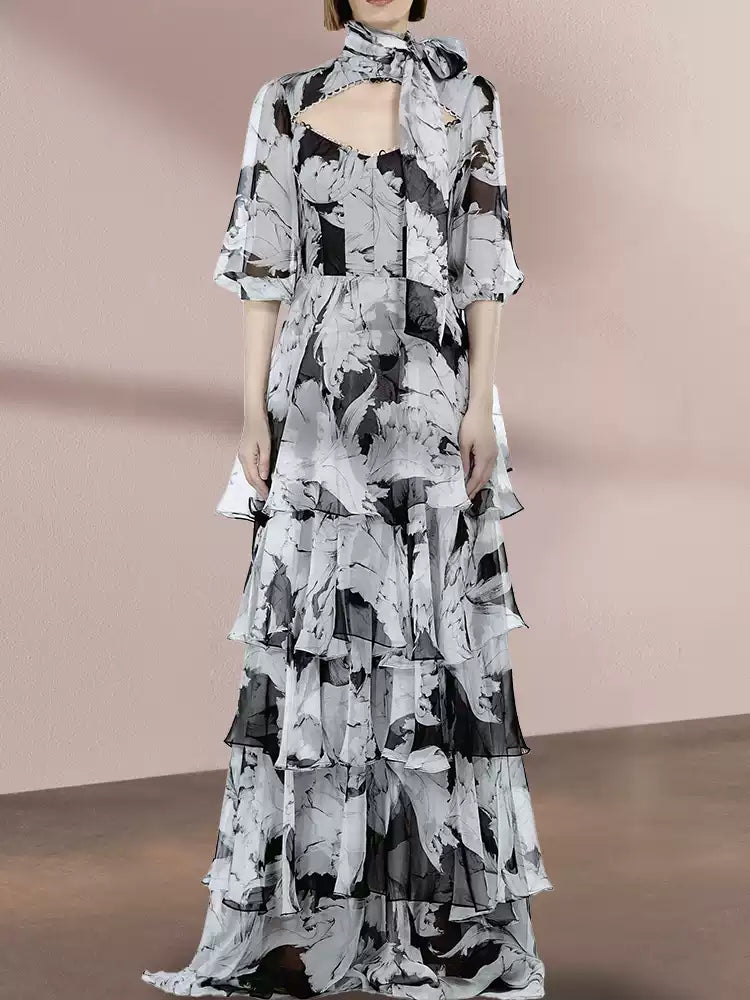 AIIZIE ELEGANT FLORAL TIERED MAXI DRESS WITH BOW NECKLINE - product image