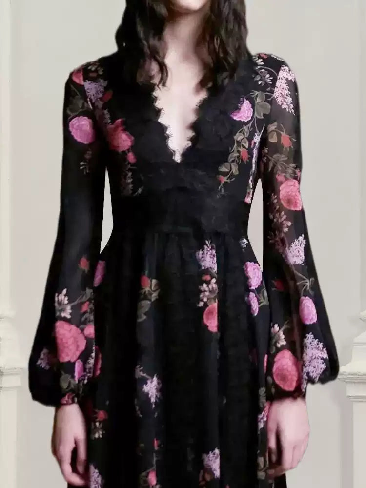 AIIZIE ELEGANT FLORAL LONG DRESS WITH V - NECK AND BELL SLEEVES - product image