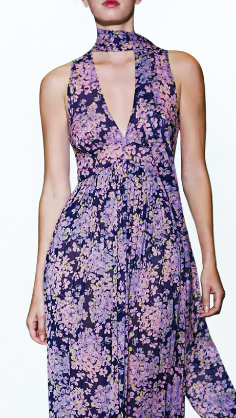 PURPLE FLORAL PRINT SLEEVELESS MAXI DRESS
