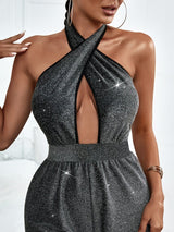 mirabelle halter jumpsuit in black silver