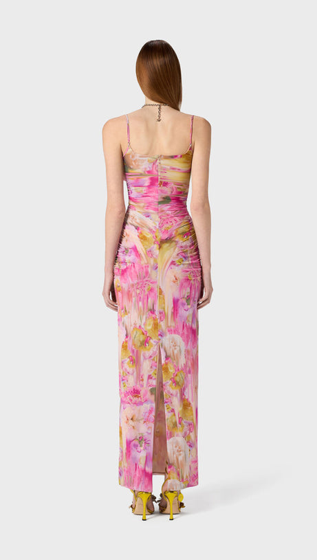 ABITO LUNGO MOLLY CON STAMPA FLOREALE APPLICATA IN ROSA