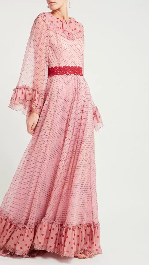 AIIZIE PINK POLKA DOT MAXI DRESS WITH RUFFLES AND RED BELT - product image