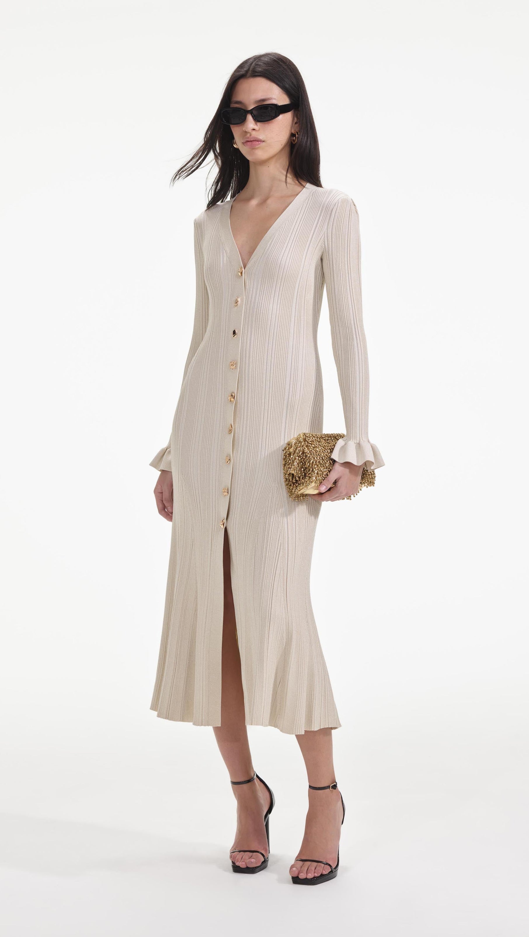 AIIZIE RIBBED VISCOSE LAMÉ MIDI DRESS IN BEIGE - product image