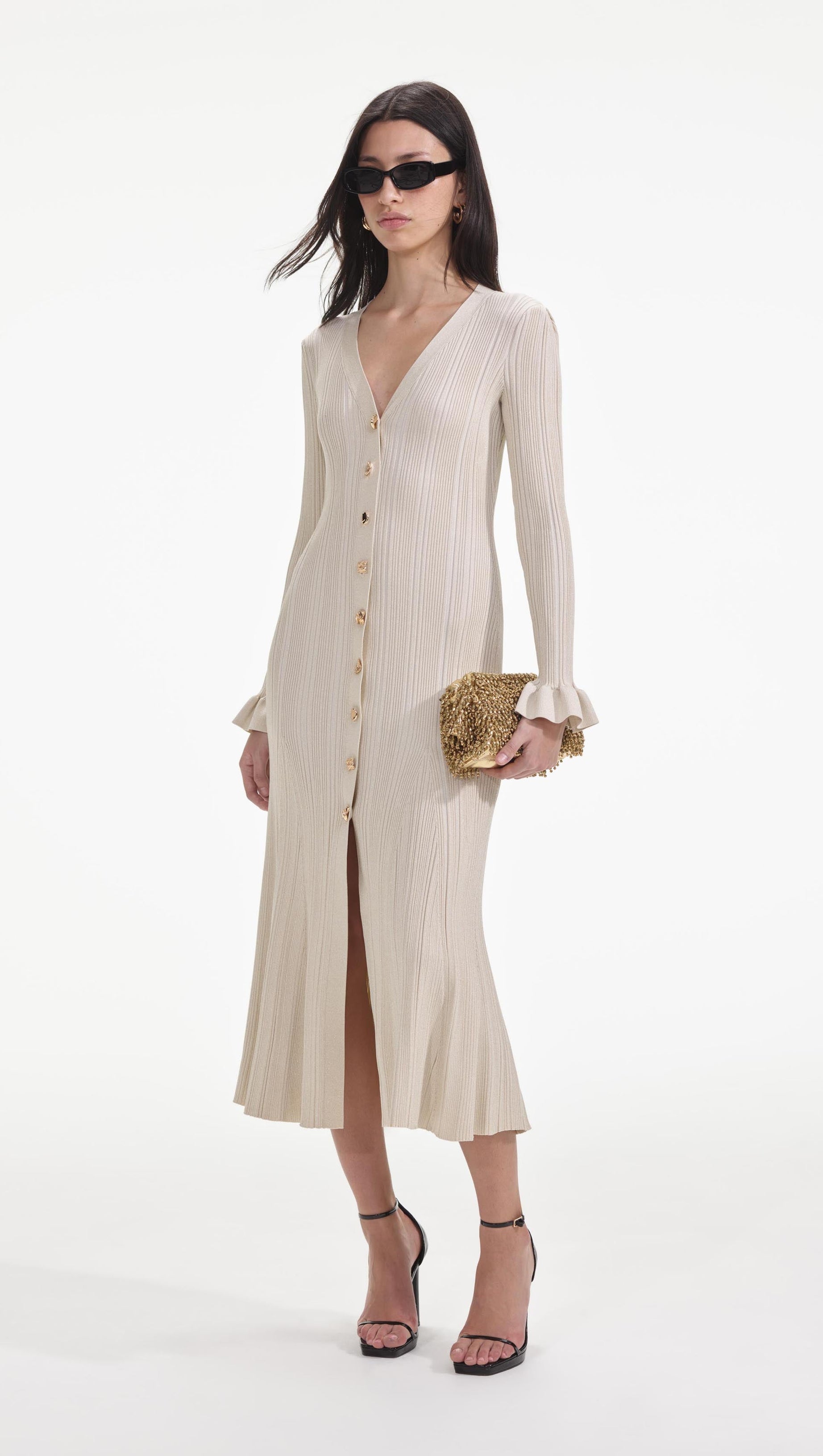 RIBBED VISCOSE LAMÉ MIDI DRESS IN BEIGE