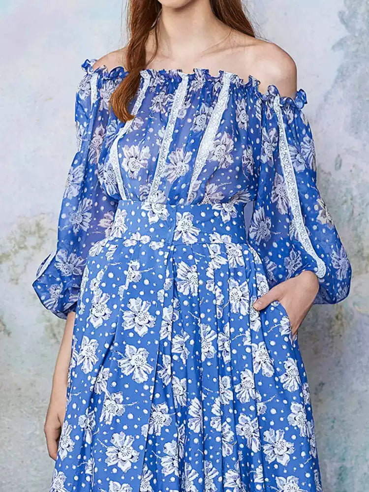 AIIZIE ELEGANT BLUE FLORAL OFF - SHOULDER MAXI DRESS WITH LACE TRIM - product image