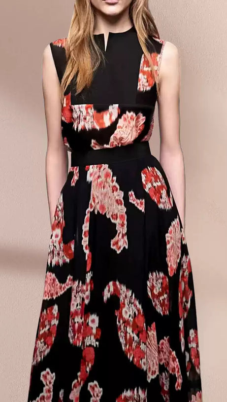 ELEGANT PRINTED MAXI DRESS WITH SLEEVELESS TOP AND BELTED WAIST