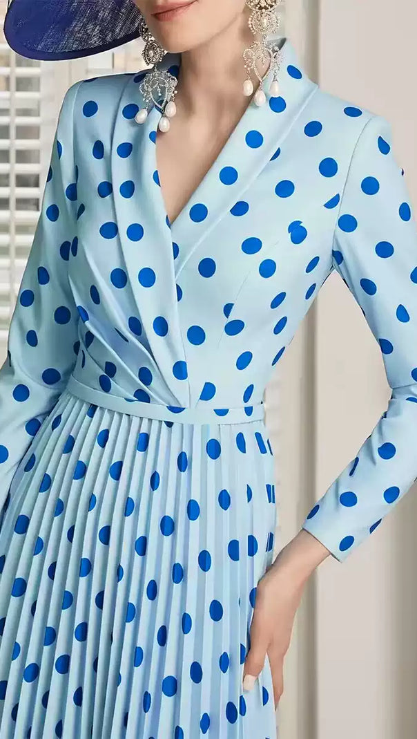 AIIZIE LIGHT BLUE POLKA DOT WRAP DRESS WITH PLEATED SKIRT - product image