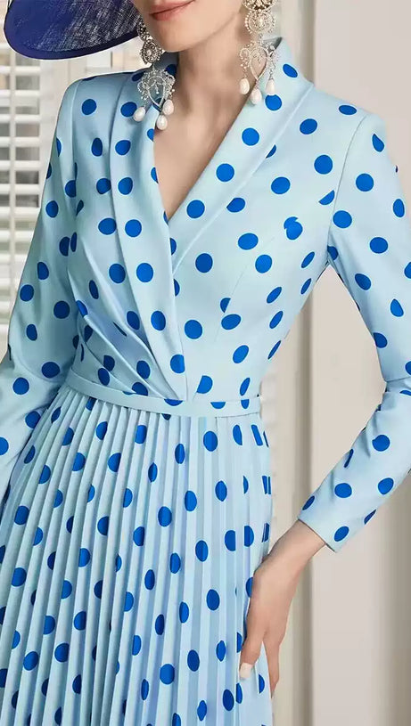 LIGHT BLUE POLKA DOT WRAP DRESS WITH PLEATED SKIRT