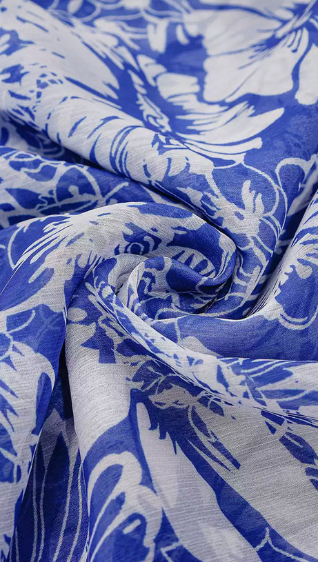 BLUE AND WHITE FLORAL PRINT CHIFFON WRAP MIDI DRESS