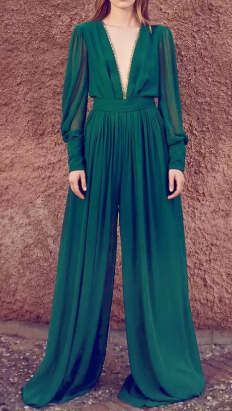 EMERALD GREEN CHIFFON MAXI DRESS WITH SHEER SLEEVES AND KEYHOLE BACK