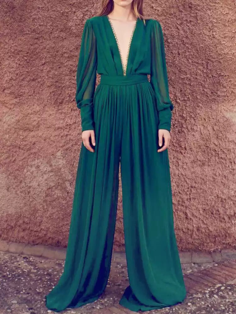 ABITO LUNGO IN CHIFFON VERDE SMERALDO CON MANICHE TRASPARENTI E SCHIENA A CHIAVE