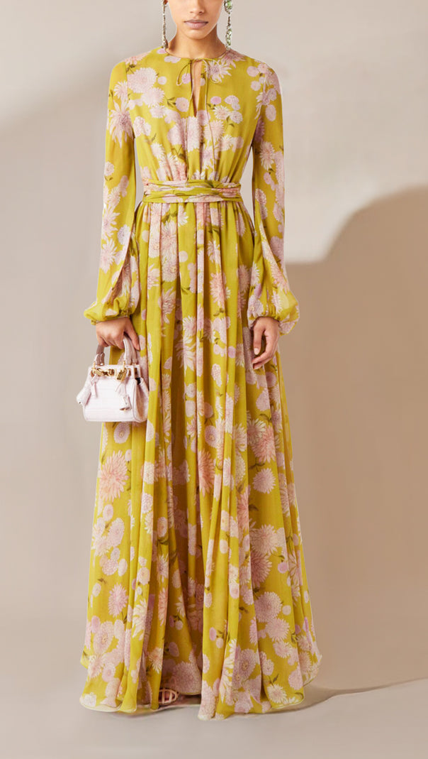 AIIZIE YELLOW FLORAL MAXI DRESS WITH FLOWY SLEEVES AND BELTED WAIST - product image