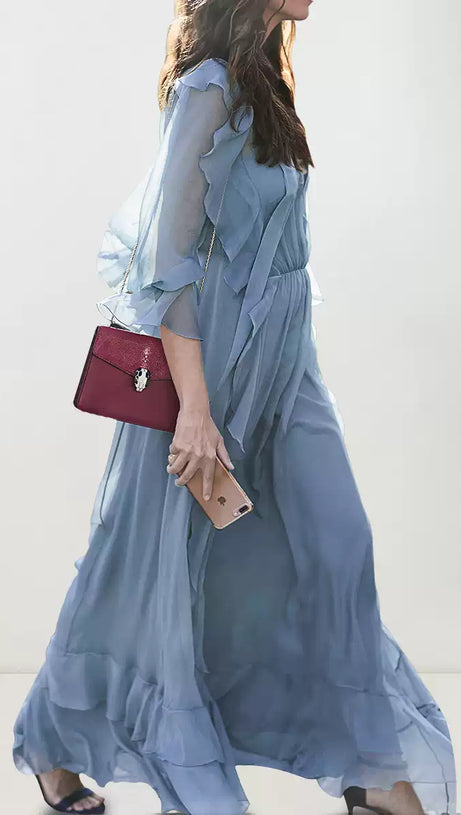 ELEGANT LIGHT BLUE CHIFFON MAXI DRESS WITH RUFFLES AND BELT
