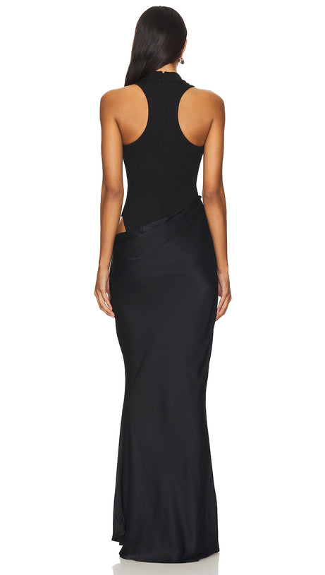 ABITO LUNGO IN RASO NERO CON TAGLIO ASIMMETRICO ILYA