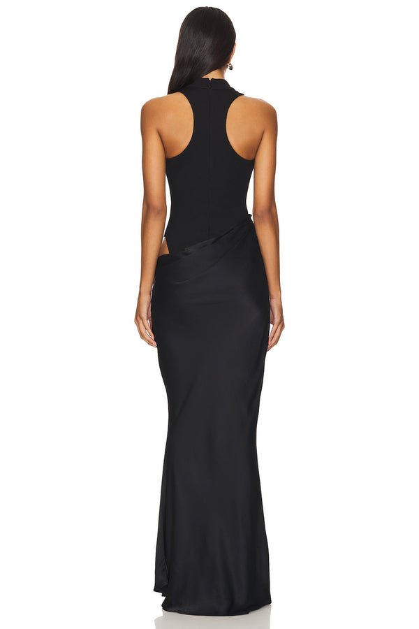 Ilya Asymmetrical Cutout Satin Maxi Dress in Black