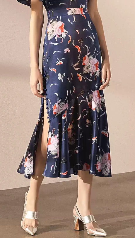 NAVY FLORAL PRINT MIDI DRESS WITH FLARED HEM
