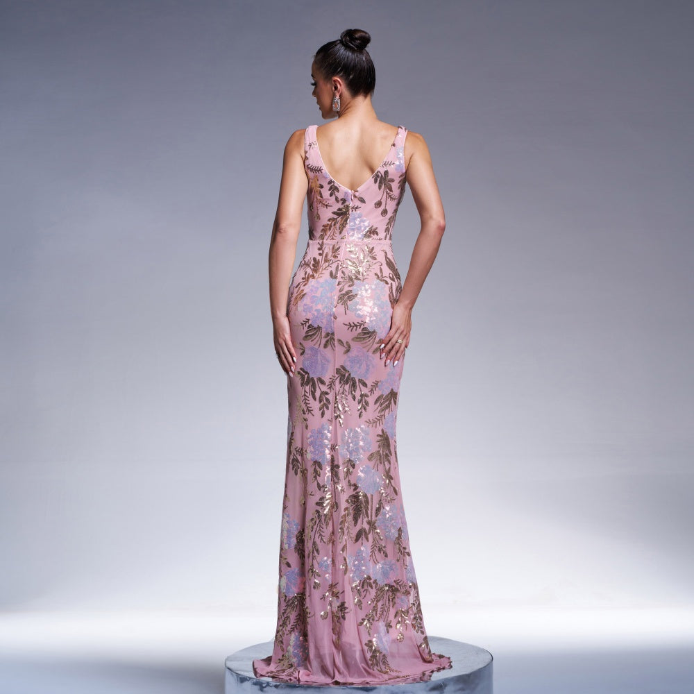 SLEEVELESS SEQUIN PRINT MAXI DRESS IN PINK