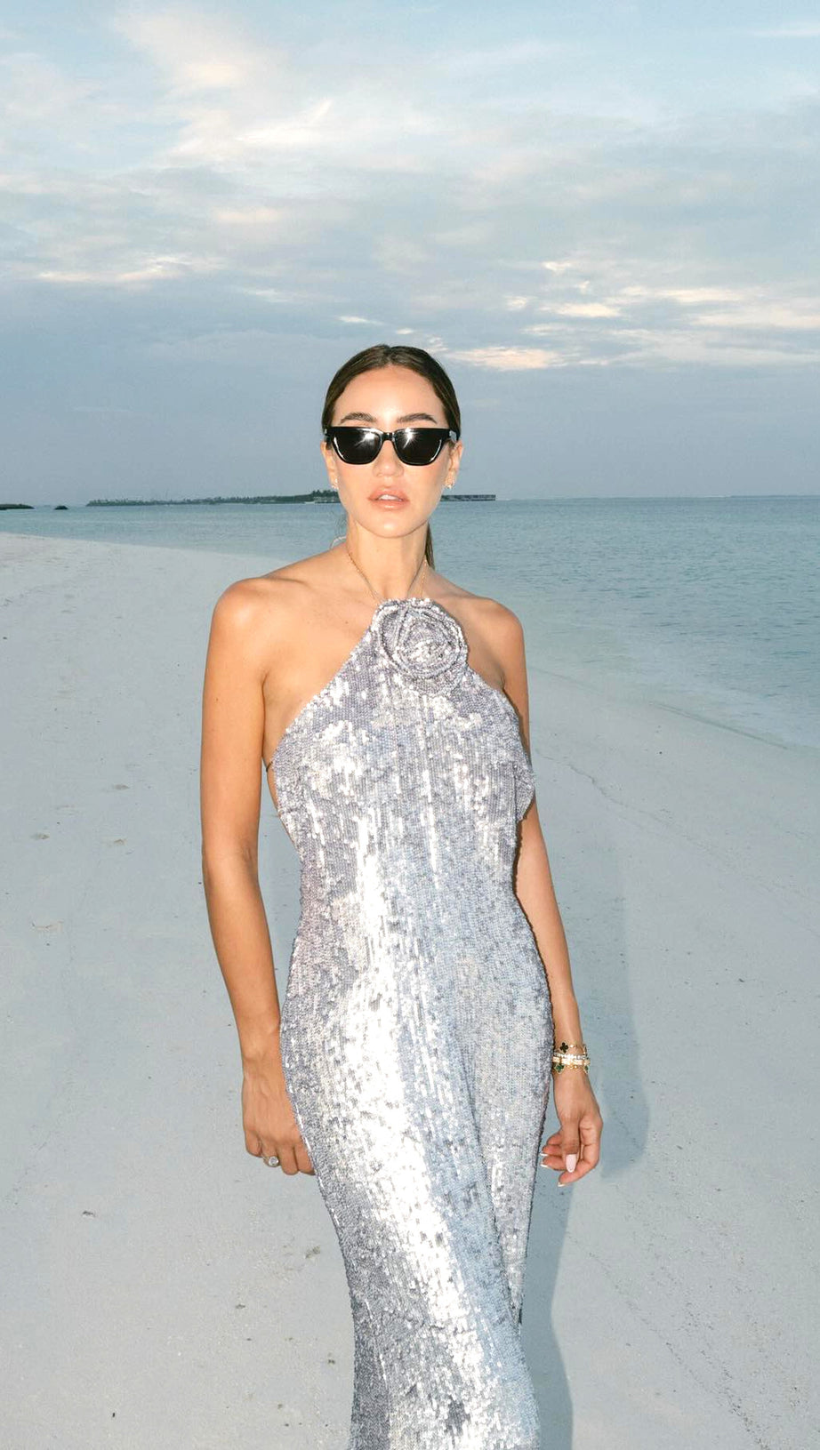 WINIFRED FLORAL-APPLIQUÉ SEQUIN MAXI DRESS SILVER