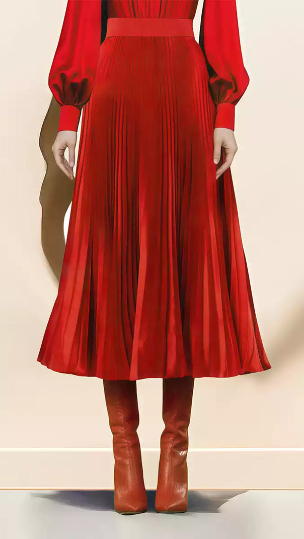 AIIZIE RED PLEATED MIDI DRESS WITH PUFF SLEEVES AND WAISTBAND - product image