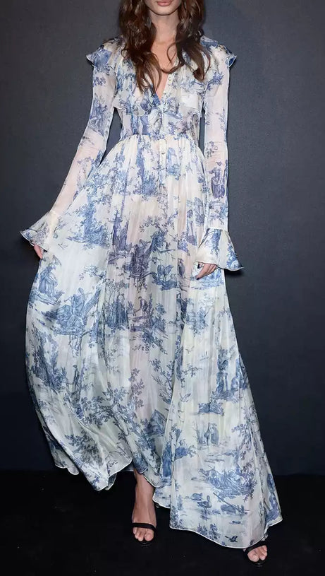 BLUE WATERCOLOR FLORAL CHIFFON  MAXI DRESS