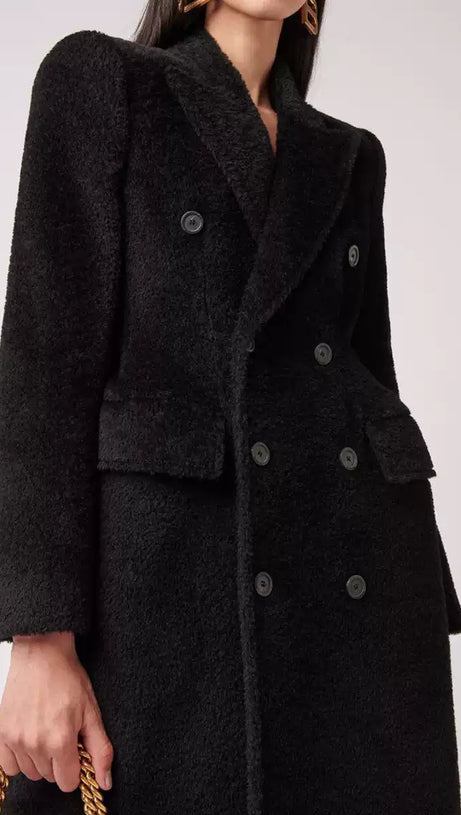 BLACK TEXTURED LONG COAT WITH DOUBLE - BREASTED DESIGN
