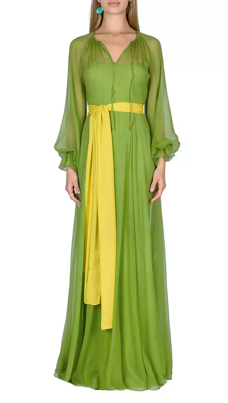 GREEN CHIFFON MAXI DRESS WITH YELLOW BELT AND SHEER SLEEVES