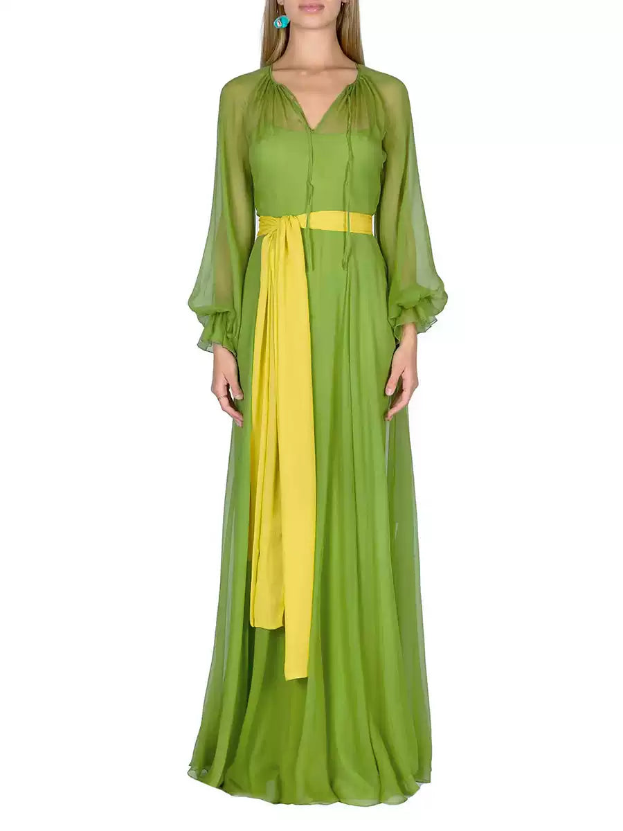 GREEN CHIFFON MAXI DRESS WITH YELLOW BELT AND SHEER SLEEVES