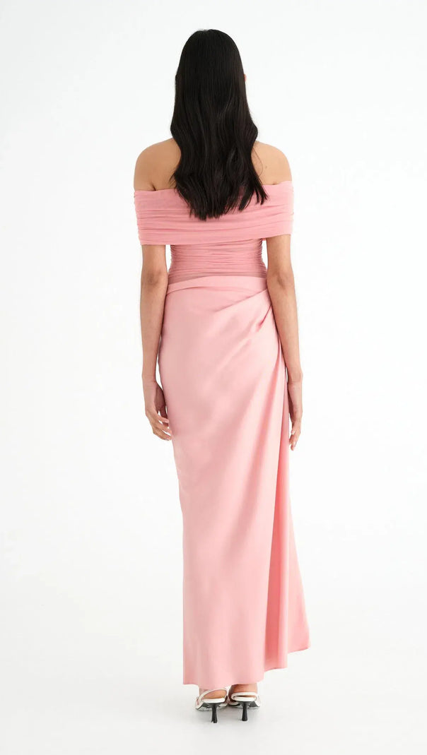 AIIZIE REANKO OFF SHOULDER RUCHED MESH MAXI DRESS IN PINK - product image