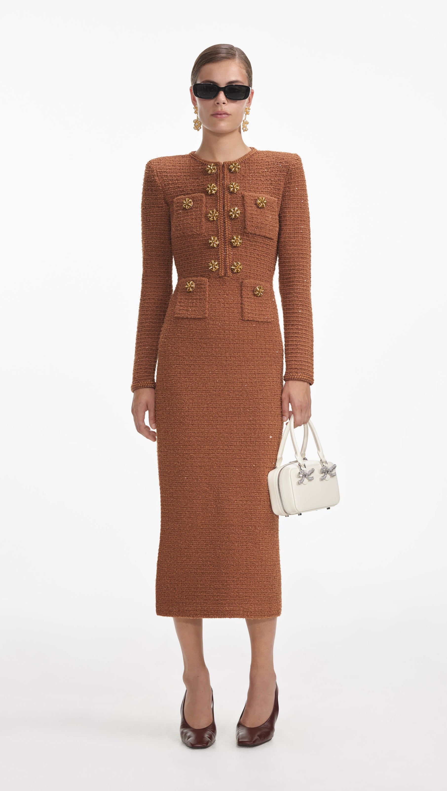 AIIZIE AMELIA BRAIDED-EDGE TWEED MIDI DRESS IN BROWN - product image