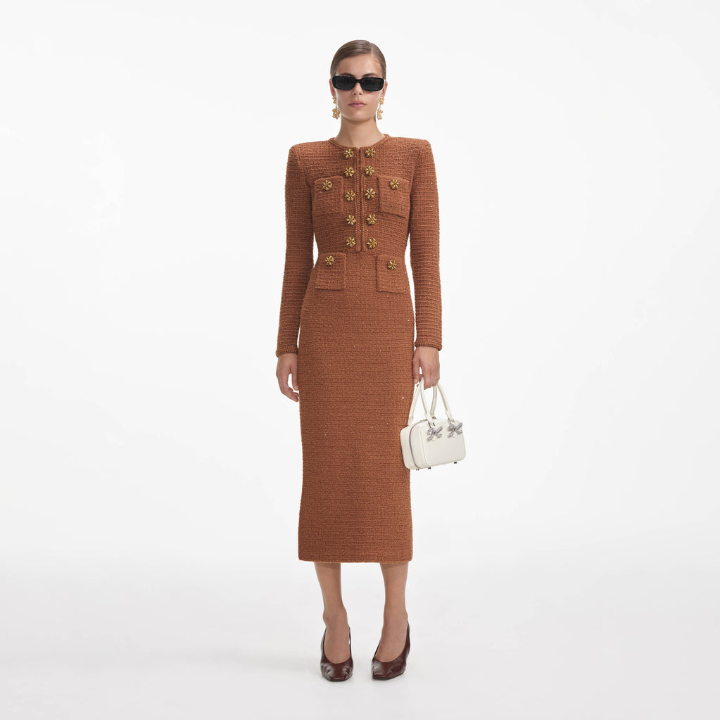 AMELIA BRAIDED-EDGE TWEED MIDI DRESS IN BROWN