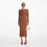 amelia braided-edge tweed midi dress in brown