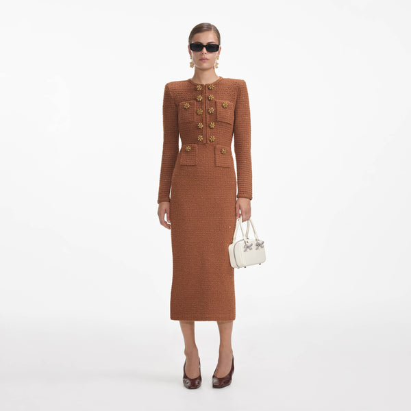 amelia braided-edge tweed midi dress in brown