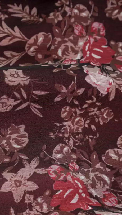 BURGUNDY FLORAL CHIFFON MAXI DRESS WITH RUFFLED SLEEVES