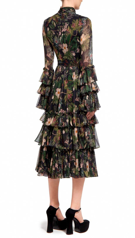 FLORAL PRINT TIERED MAXI DRESS WITH SHEER SLEEVES