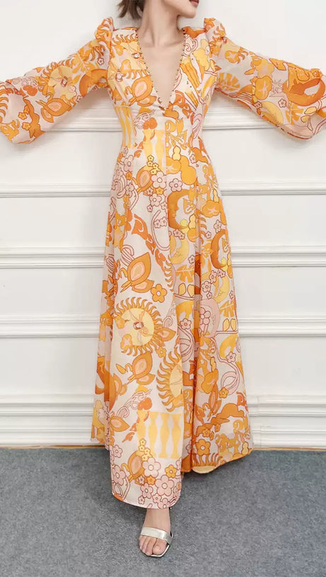ORANGE PRINT SHEER SLEEVE V - NECK MIDI DRESS