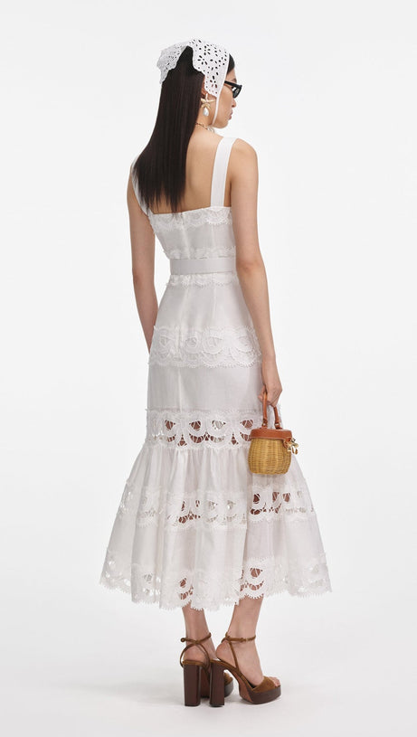 KEANE LACE INSERT BELTED MIDI DRESS