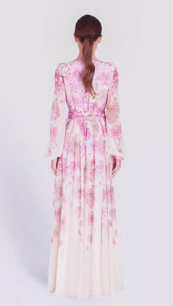 AIIZIE PINK FLORAL CHIFFON MAXI DRESS WITH SHEER SLEEVES - product image