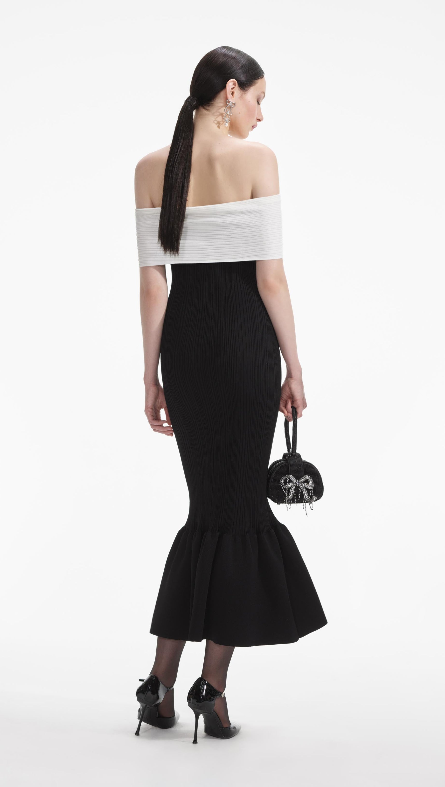 TRUDA BLACK KNIT BOW OFF-SHOULDER MIDI DRESS