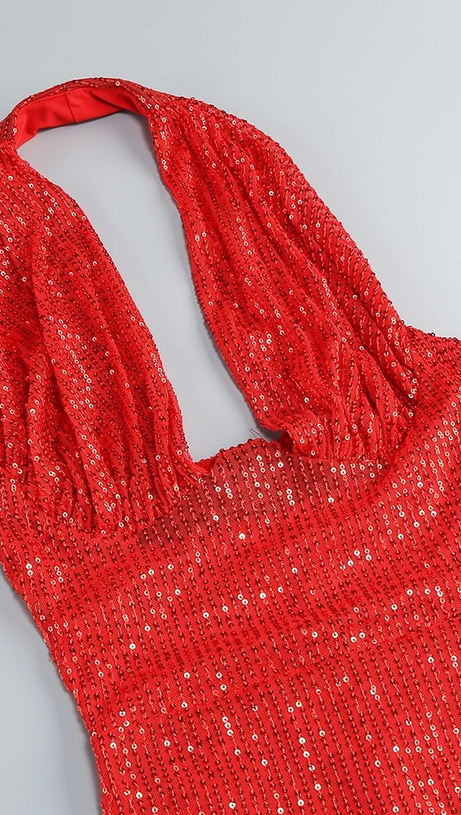 HALTER SEQUIN EMBELLISHED GOWN IN RED