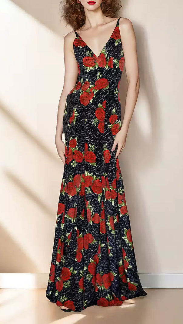 AIIZIE BLACK MAXI DRESS WITH RED ROSE PRINTS AND V - NECK - product image