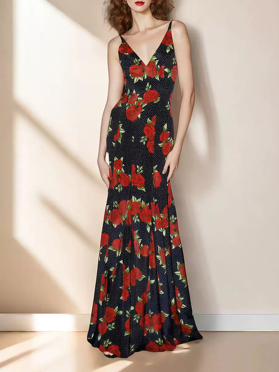 BLACK MAXI DRESS WITH RED ROSE PRINTS AND V - NECK