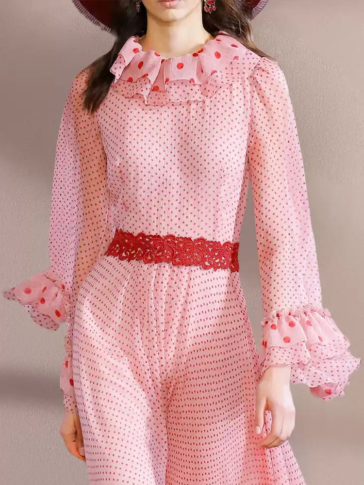 AIIZIE PINK POLKA DOT MAXI DRESS WITH RUFFLES AND RED BELT - product image