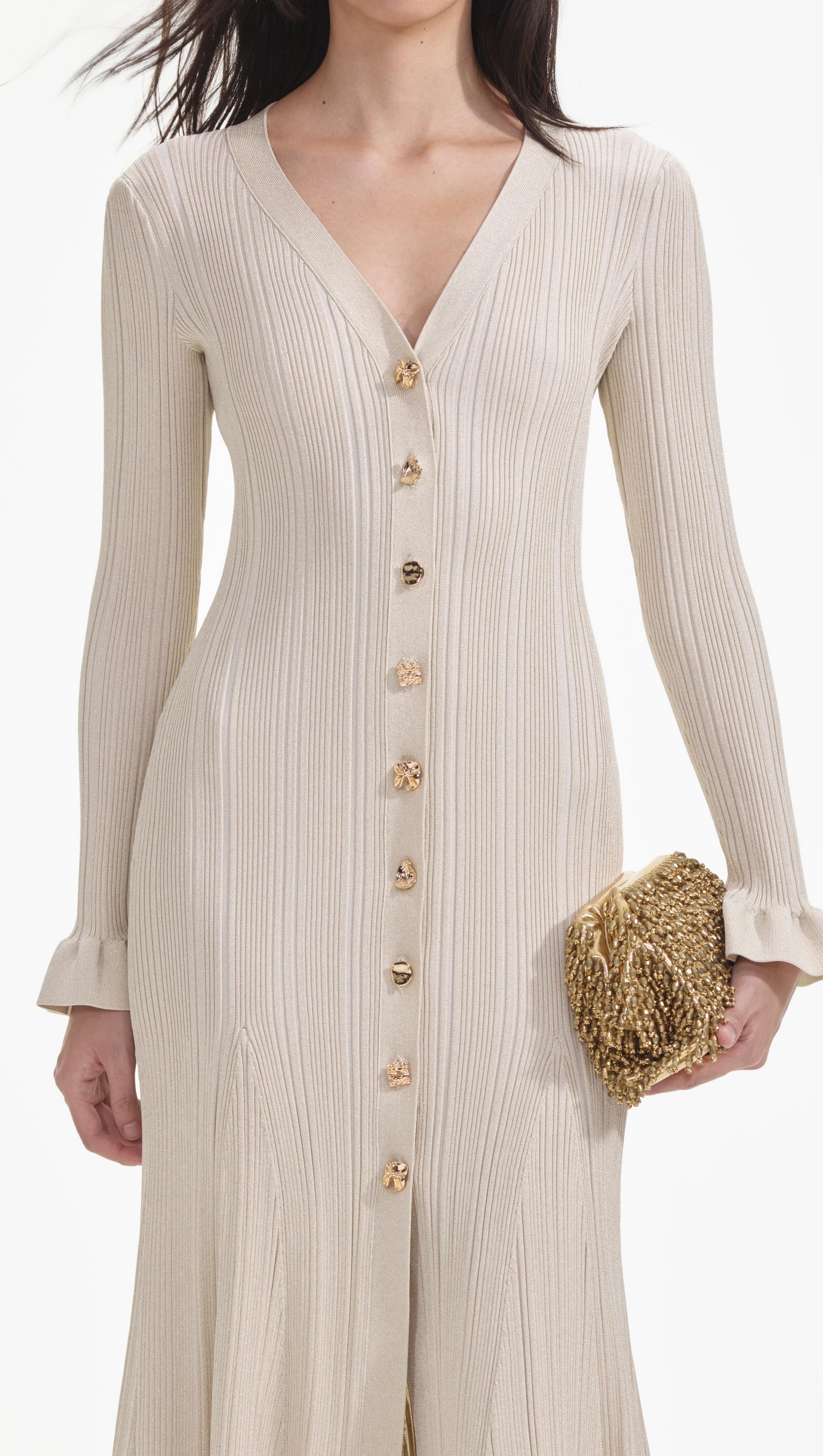 RIBBED VISCOSE LAMÉ MIDI DRESS IN BEIGE