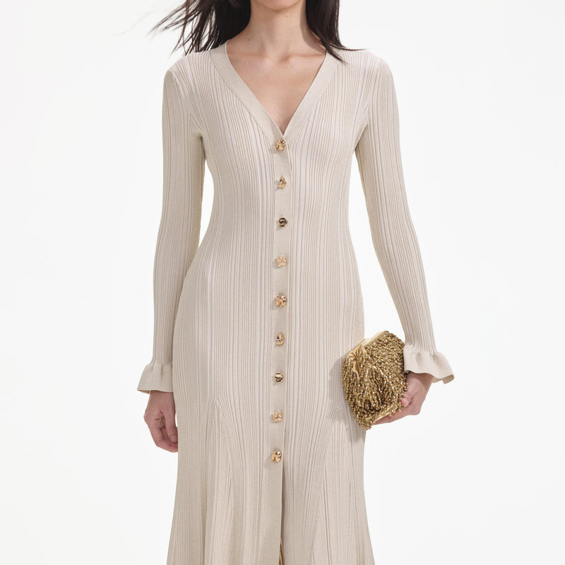 Ribbed viscose lamé midi dress in beige