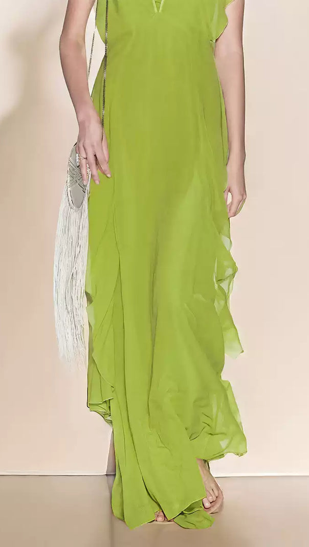 AIIZIE LIME GREEN CHIFFON V - NECK MAXI DRESS WITH RUFFLES - product image